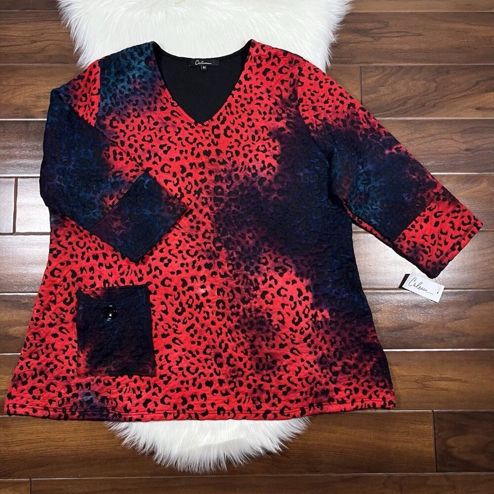 Calessa‎ Women's Size 3X Leopard Animal Print Tie Dye Pocket V Neck Tunic Top